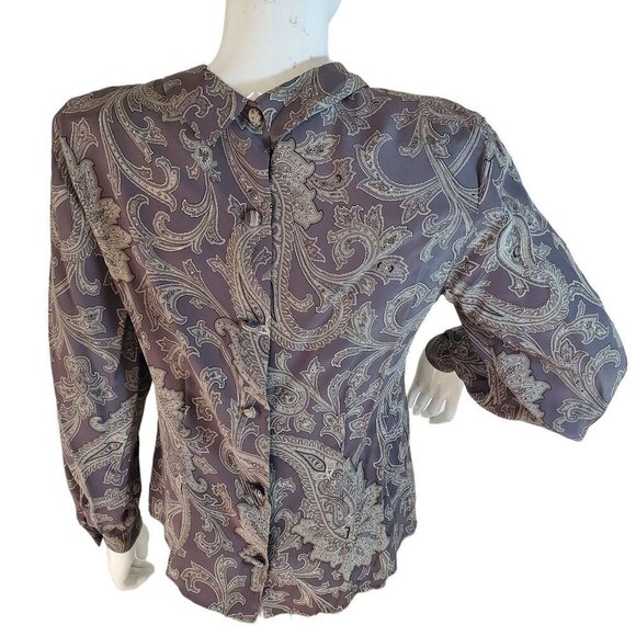 1980s Gray Silk Blouse Jones NY Petite Top Paisley Cover Button Collared Women 6 - Picture 5 of 10